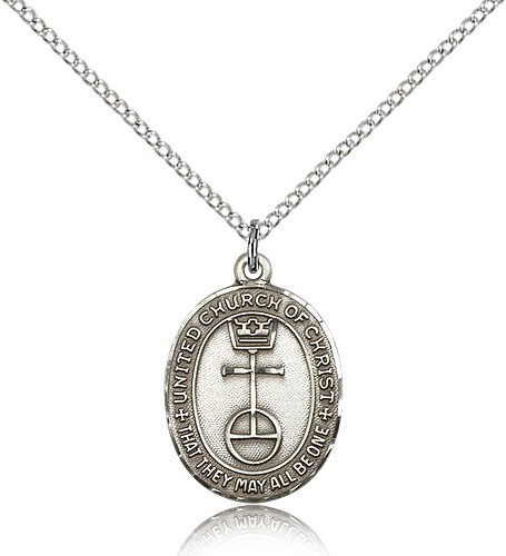 Women's Sterling Silver United Church of Christ Medal - 24&quot; 2.4mm Rhodium Plate Endless Chain