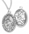 Girl's Oval Double-Sided Volleyball Necklace with Saint Sebastian Back in Sterling Silver