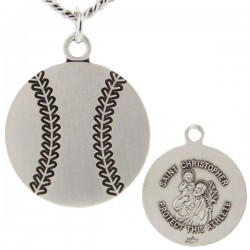 Baseball Shaped Necklace with Saint Christopher Back in Sterling Silver [HMS1090]