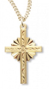 Women's 14kt Gold Over Sterling Silver Starburst Etching Cross Necklace + 18“ Gold Plated Chain &amp; Clasp [HMR0426]