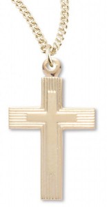 Women's 14kt Gold Over Sterling Silver Striped Etched Cross Necklace + 18 Inch Gold Plated Chain &amp; Clasp [HMR0455]