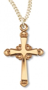 Women's 14kt Gold Over Sterling Silver Floral Accent Tip Cross Pendant + 18 Inch Gold Plated Chain [HMR0473]