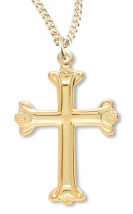 Women's 14kt Gold Over Sterling Silver Loop Tip Cross Raised Border Pendant + 18 Gold Plated Chain &amp; Clasp [HMR0474]