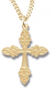 Women's 14kt Gold Plated Raised Border Heart Shaped Tip Cross + 18 Inch Gold Plated Chain &amp; Clasp [HMR0482]