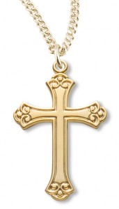 Women's 14kt Gold Over Sterling Silver Larger Fleur De Lis Tip Cross Pendant +18 Gold Plated Chain &amp; Clasp [HMR0483]