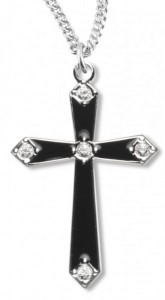 Cross Necklace with Black Enamel, Sterling Silver with Chain [HMR1008]