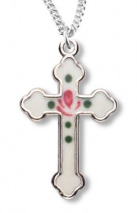 Cross Necklace with White Enamel, Sterling Silver with Chain [HMR1007]