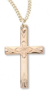 Women's 16kt Gold Over Sterling Silver High Polish Floral Cross Necklace + 18 Inch Gold Plated Chain &amp; Clasp [HMR0421]
