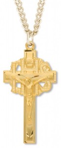 Men's 14kt Gold Over Sterling Silver Crucifix with IHS Center + 24 Inch Gold Plated Endless Chain [HMR0502]