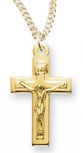 Girl's or Boy's 14kt Gold Over Sterling Silver Squared Crucifix Necklace + 13 Inch Gold Plated Chain &amp; Clasp [HMR0427]