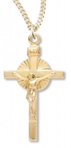 Women's 14kt Gold Over Sterling Silver Sunburst Center Crucifix Pendant + 18 Inch Gold Plated Chain &amp; Clasp [HMR0491]