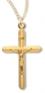 Women's 14kt Gold Over Sterling Silver Women's Tiered Beveled Edge Crucifix Pendant + 18 Gold Plated Chain &amp; Clasp [HMR0493]