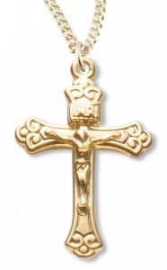 Women's 14kt Gold Plated Wide Fleur De Lis Tip Crucifix Pendant + 18 Inch Gold Plated Chain &amp; Clasp [HMR0497]