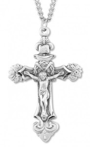 Men's Sterling Silver Crown of Thorns &amp; Rosebud Tip Crucifix Necklace with Chain Options [HMR0724]