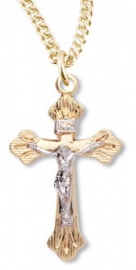 Women's 14kt Gold Plated Two-tone Crucifix Necklace Etched Tips +1 8 Inch Gold Plated Chain [HMR0433]