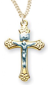 Women's 14kt Gold Over Sterling Silver Two-tone Wide Fleur De Lis Tip Crucifix + 18 Inch Gold Plated Chain &amp; Clasp [HMR0498]