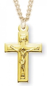 Women's 14kt Gold Over Sterling Silver Square Edge Crucifix Raised Corpus + 18 Inch Gold Plated Chain &amp; Clasp [HMR0505]