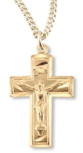 Women's 14kt Gold Over Sterling Silver Small Crucifix Necklace with Etching + 18 Inch Gold Plated Chain &amp; Clasp [HMR0430]