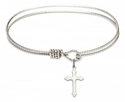 First Communion Silver Cable Bangle Bracelet with a Small Budded Tip Cross Charm [BCB1006]
