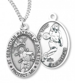 Girl's Oval Double-Sided Basketball Necklace with Saint Sebastian Back in Sterling Silver [HMS1124]