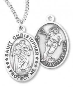 Girl's Oval Double-Sided Lacrosse Necklace with Saint Christopher in Sterling Silver [HMS1120]