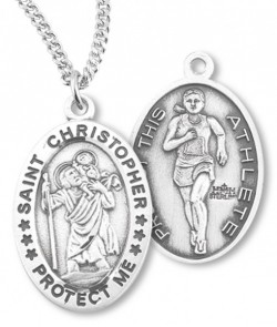 Girl's Oval Double-Sided Track Necklace with Saint Christopher in Sterling Silver [HMS1118]