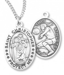 Girl's Oval Double-Sided Volleyball Necklace with Saint Christopher in Sterling Silver [HMS1121]