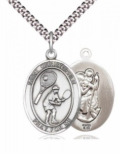 Men's Pewter Oval St. Christopher Tennis Medal [BLPW384]