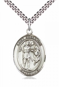 18-Inch Rhodium Plated Necklace with 6mm Light Sapphire Birthstone Beads and Sterling Silver Saint Sebastian Volleyball Charm. 