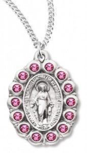 Women's Miraculous Necklace with Pink Stones Oval Sterling Silver with Chain Options [HMR0934]