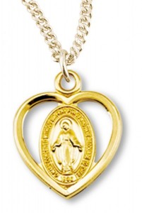 Girl's 14kt Gold Over Sterling Silver Heart Cut Out Miraculous Necklace + 16 Inch Gold Plated Chain &amp; Clasp [HMR0449]