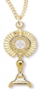 Men's 14kt Gold Over Sterling Silver Large Monstrance Pendant + 24 Inch Gold Plated Endless Chain [HMR0487]
