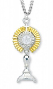 Monstrance Necklace with Goldtone Inlay, Sterling Silver with Chain [HMR1020]