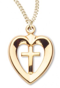 Women's 14kt Gold Plated Cut-out Heart Shape with Cross Center Necklace+ 18 Inch Gold Plated Chain &amp; Clasp [HMR0461]