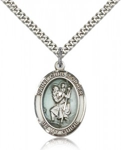 St. Christopher Medal with Blue Enamel, Sterling Silver, Large [BL1324]