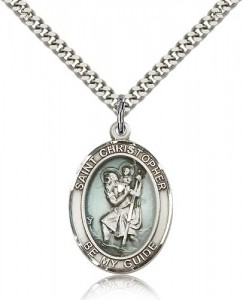 St. Christopher Medal with Blue Enamel, Sterling Silver, Large + 24 2.4mm Rhodium Plate Endless Chain