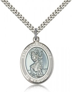 St. Christopher Medal with White Border, Sterling Silver, Large [BL1326]