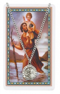 St. Christopher Medal with Blue Enamel, Sterling Silver, Large + 24 2.4mm Rhodium Plate Endless Chain