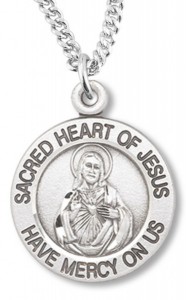 Womens Sacred Heart of Jesus Necklace Round, Sterling Silver with Chain Options [HMR0649]