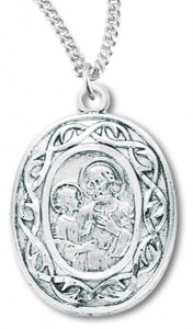 Women's Sterling Silver Oval Saint Joseph Necklace Fancy Scroll Border with Chain Options [HMR0737]