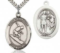 St. Sebastian Surfing Medal, Sterling Silver, Large [BL3582]