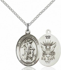 Women's Pewter Oval Guardian Angel Navy Medal [BLPW549]