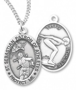 Girl's Oval Double-Sided Swimming Necklace with Saint Sebastian Back in Sterling Silver [HMS1127]