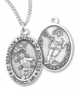 Girl's Oval Double-Sided Lacrosse Necklace with Saint Sebastian Back in Sterling Silver [HMS1128]