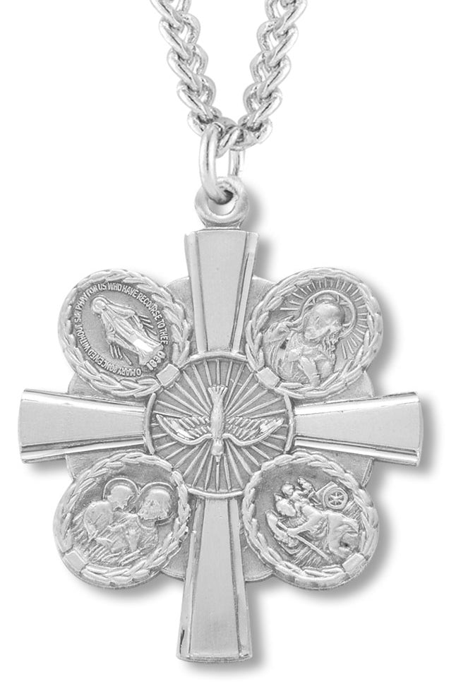 Men's Sterling Silver Unique Two Sided 5 Way Cross Necklace with Chain Options