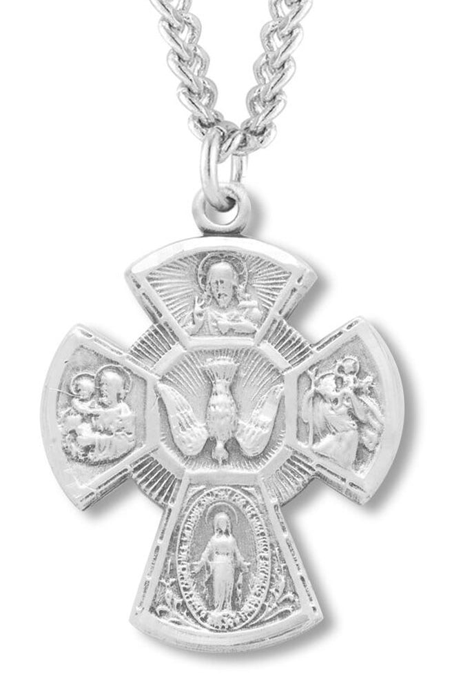 Men's Sterling Silver Radial Center with Dove 4 Way Cross Necklace with Chain Options