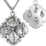 Men's Sterling Silver Wide Tip 4 Way Necklace Sacred Heart with Chain Options - 24&quot; Sterling Silver Chain + Clasp