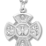 Men's Sterling Silver Radial Center with Dove 4 Way Cross Necklace with Chain Options - 24&quot; Sterling Silver Chain + Clasp