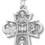 Men's Sterling Silver Wide Budded Edge 4 Way Cross Necklace with Chain Options - 24&quot; Sterling Silver Chain + Clasp