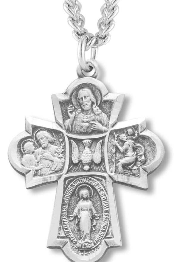 Men's Sterling Silver Wide Budded Edge 4 Way Cross Necklace with Chain Options - 24&quot; Sterling Silver Chain + Clasp